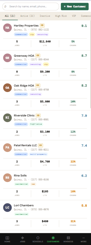 FieldSupe mobile customer list — accounts with health score, LTV, job count, churn percent, and status tags