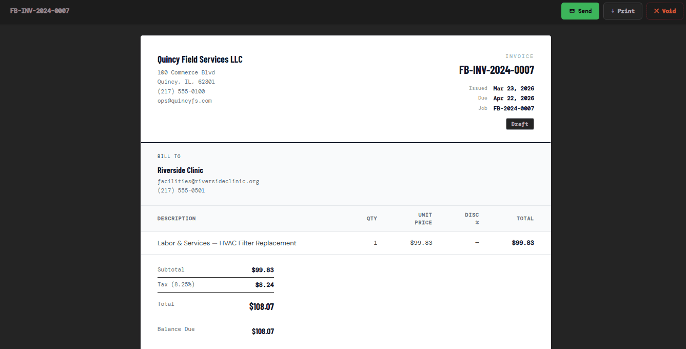 FieldSupe invoice — bill-to, line items, subtotal, tax, total, and balance due with Send / Print / Void actions