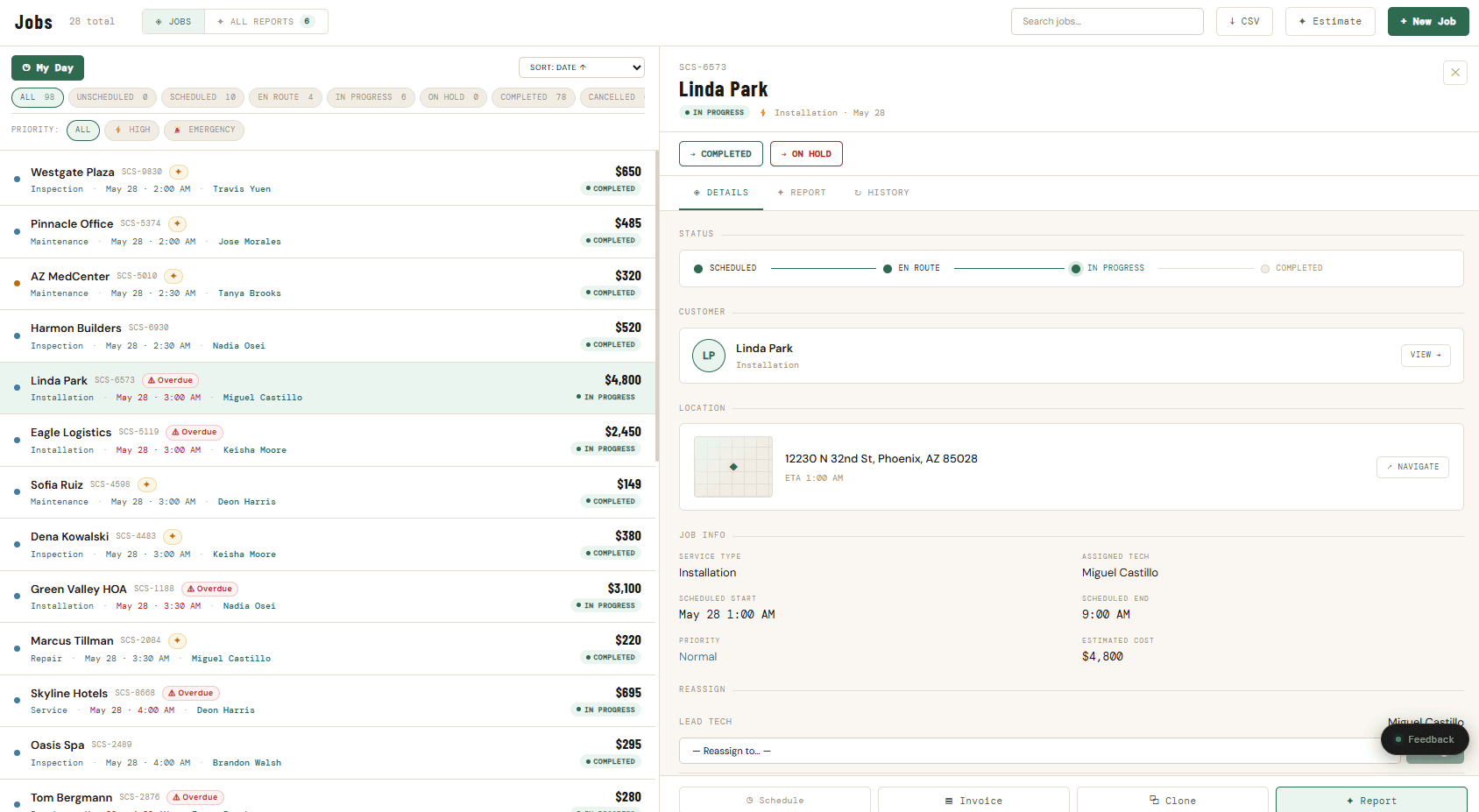 FieldSupe job detail — status timeline, customer, location with ETA, job info, assigned tech, estimated cost, and quick actions