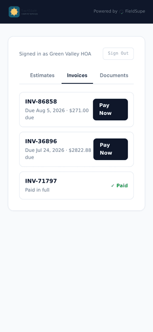 FieldSupe customer portal displaying the business's own logo — invoices with online Pay Now buttons