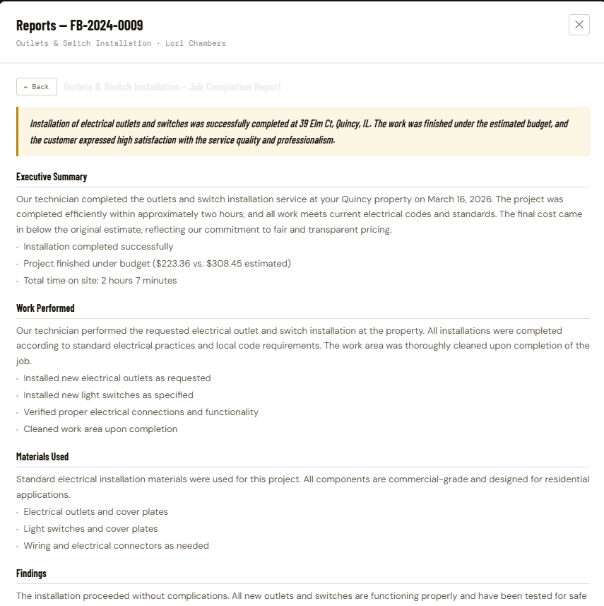 FieldSupe job completion report — executive summary, work performed, materials used, and findings