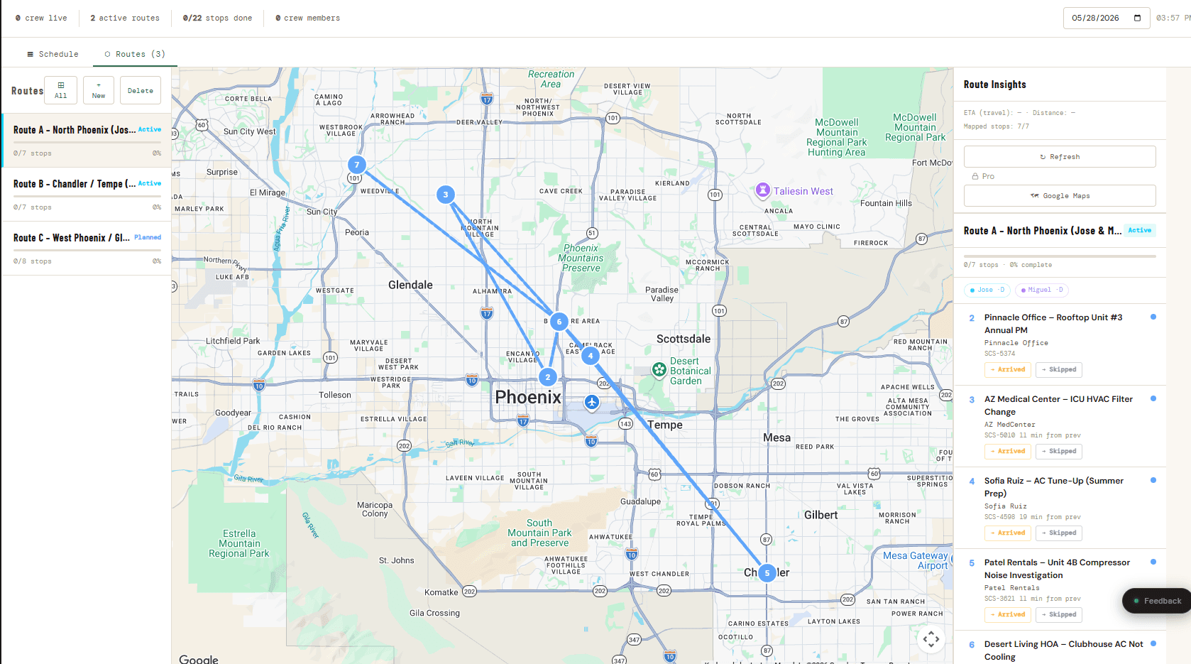 FieldSupe live routing — optimized crew routes across the city